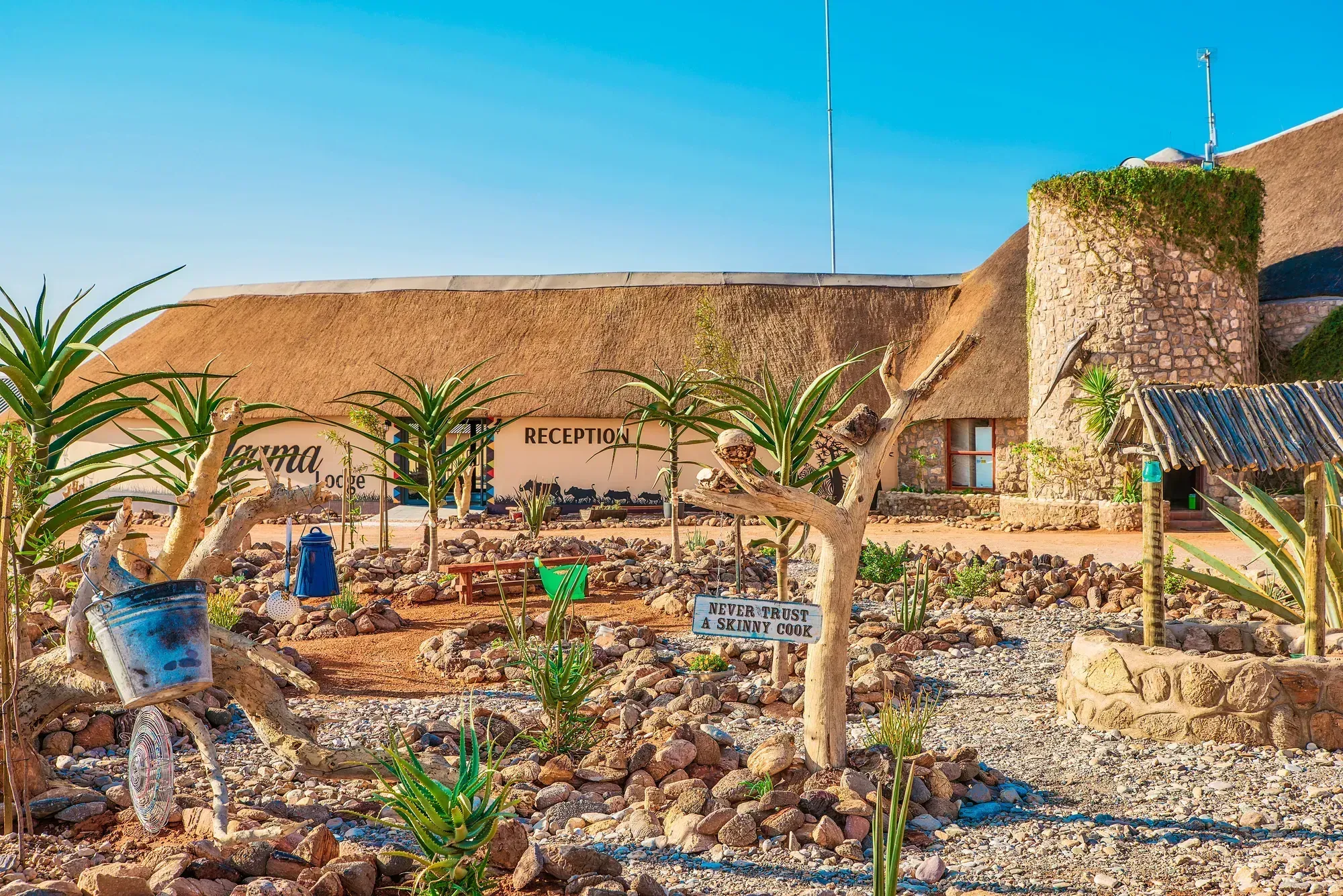 Agama Lodge, an easy drive from the Sesriem gate — every chalet has its own rooftop sky-bed for sleeping out under the Namib stars.