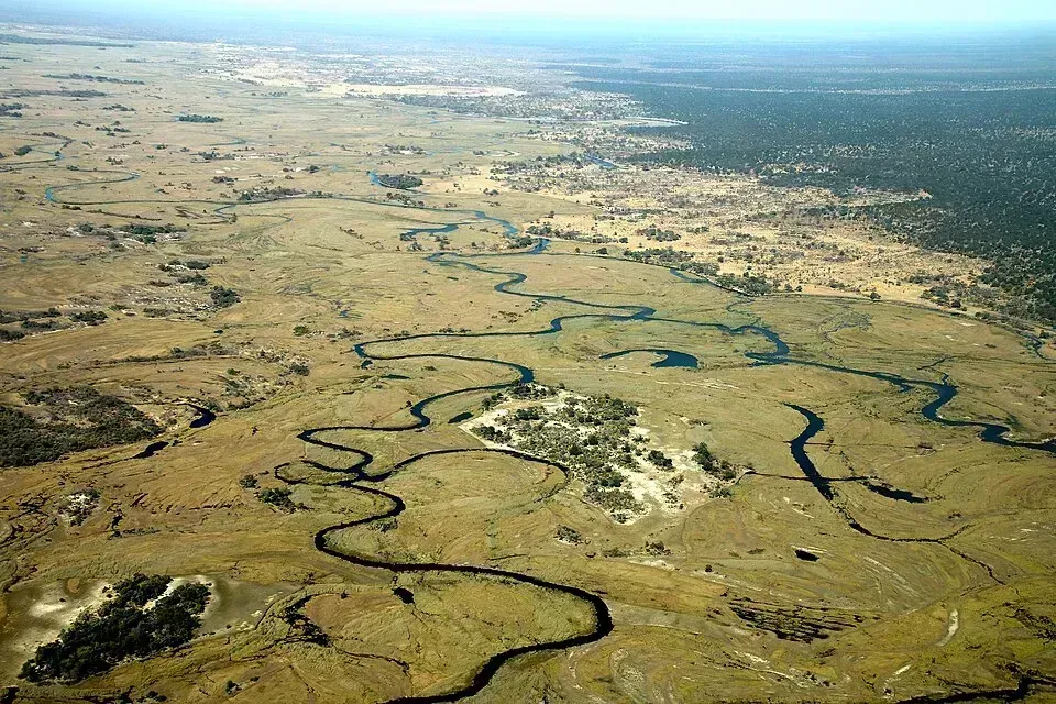 A river snakes through the Caprivi wetlands in wide loops
