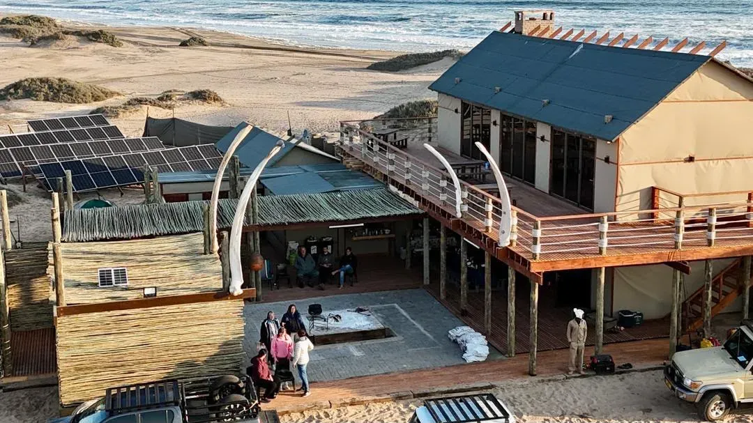 The whalebone arches and fire deck at the heart of Meob Lodge