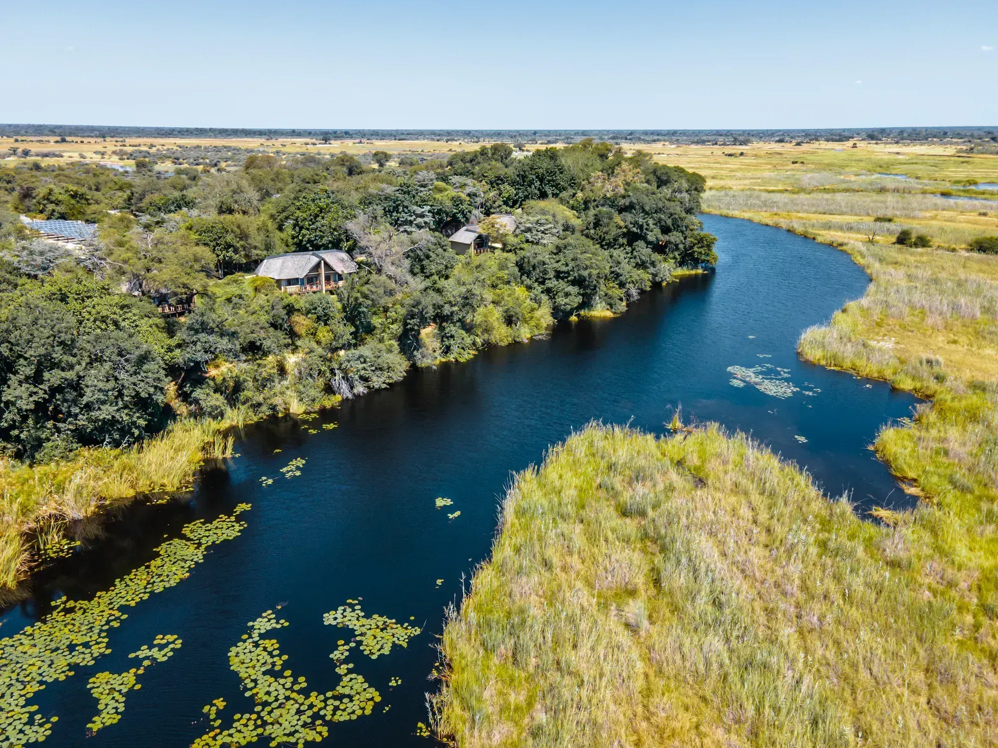 Namushasha River Lodge, right on the Kwando — boat safaris and big elephant herds on the doorstep.