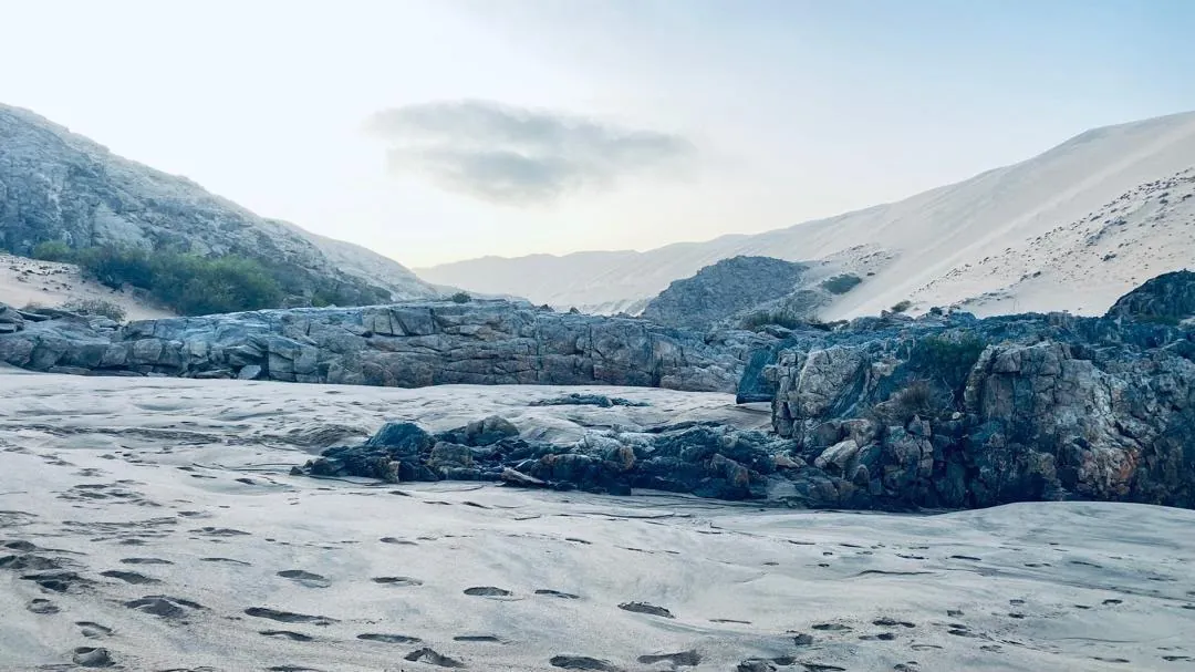 Dawn in a rocky riverbed between dune and mountain